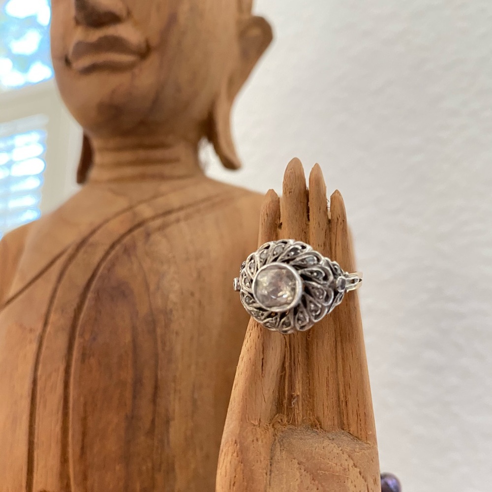Vintage Rose-Cut Diamond Flower Ring Antique 100 Years Old White & Rose Gold Sz